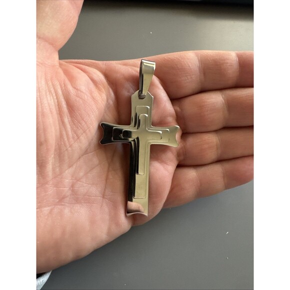 Stainless Steel Triple Cross Pendant 24”Chain Necklace Jesus Christ Faith Prayer - Picture 4 of 6